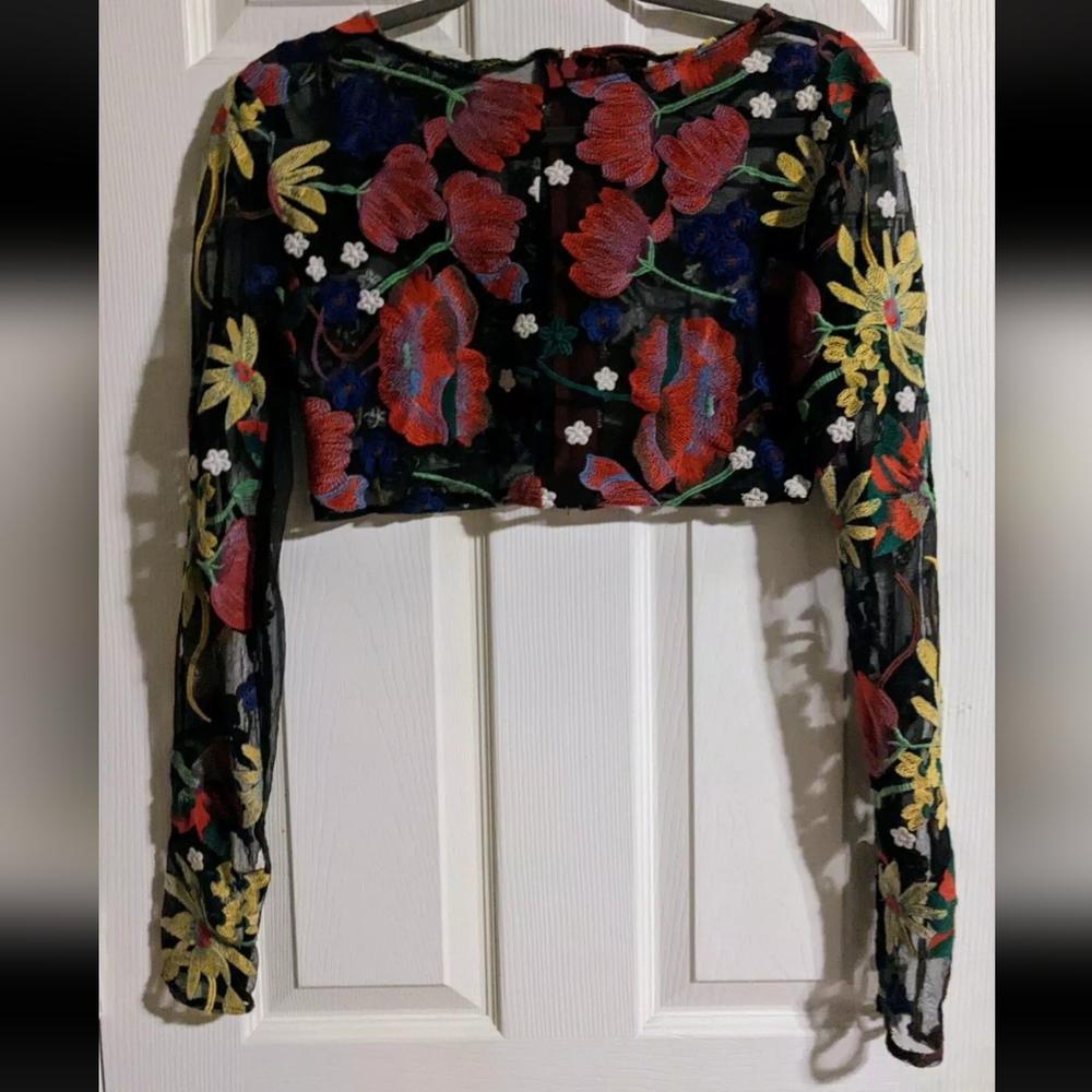 Casey Caldwell Sheer Floral Crop Top S Blouse Long Sleeve Drag Race Unique OOAK